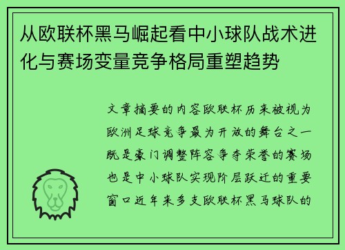从欧联杯黑马崛起看中小球队战术进化与赛场变量竞争格局重塑趋势 从欧联杯黑马崛起看中小球队战术进化与赛场变量竞争格局重塑趋势
