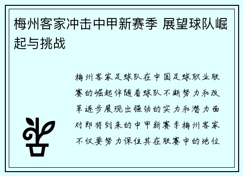 梅州客家冲击中甲新赛季 展望球队崛起与挑战